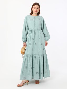 Brit Düğme Detaylı Brode Mint Yeşili Elbise