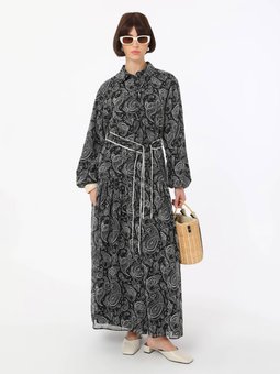 Desen Şal Desenli Şifon Düğme Detaylı Abiye Elbise