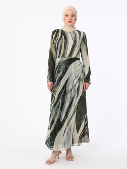 Drape Detaylı Haki Zebra Desenli Abiye Elbise