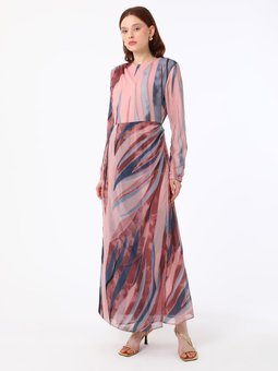 Drape Detaylı Pembe Zebra Desenli Abiye Elbise