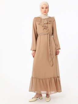 Fırfır Detaylı Şifon Sutlu Kahve Abiye Elbise
