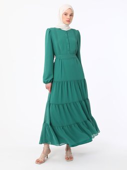 Koyu Yesil Brit Düğmeli Nervür Detaylı Abiye Elbise