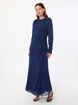 Lacivert Şifon Büzgü Detaylı Abiye Elbise