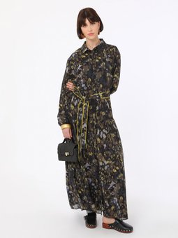 Leopar Desenli Brit Düğme Detaylı Şifon Abiye Elbise