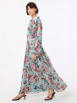 Mavi Çiçek Desenli Düğme Detaylı Şifon Abiye Elbise