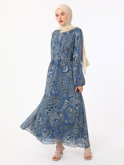 Mavi Şal Desenli Büzgü Detaylı Şifon Abiye Elbise