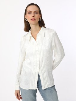 Nervür Detaylı Jakarlı Saten Şık Bluz / Exclusive Gömlek Beyaz