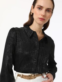 Nervür Detaylı Jakarlı Saten Şık Bluz / Exclusive Gömlek Siyah