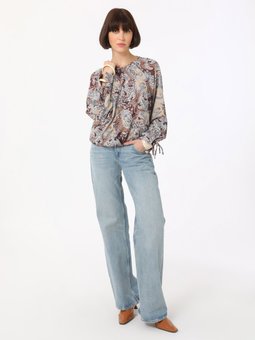 Şal Desenli Kolları Bağlamalı Bluz / Bej Gömlek