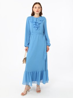 Volan Detaylı Şifon Mavi Abiye Elbise