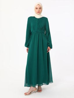 Zümrüt Yeşili Büzgü Detaylı Şifon Abiye Elbise