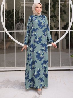 Boğazdan Büzgülü Mint Yeşili Elbise