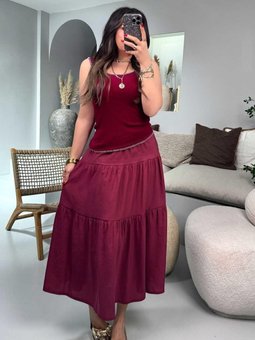 Bordo Beli Lastikli Uzun Kloş Etek