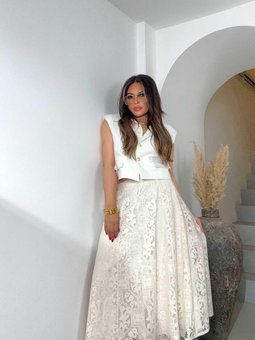 Ekru Gümüş Troklu Astar Detaylı Dantel Uzun Etek