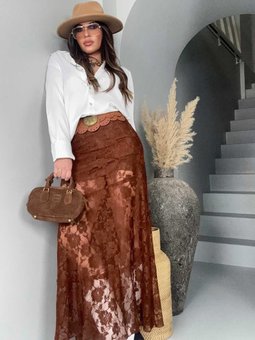 Kahverengi Dantel Gül Desen Uzun Etek