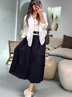 Siyah Beli Lastikli Uzun Kloş Etek