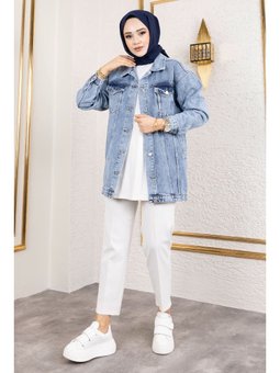 Düğmeli Klasik Kot Açık Mavi Ceket