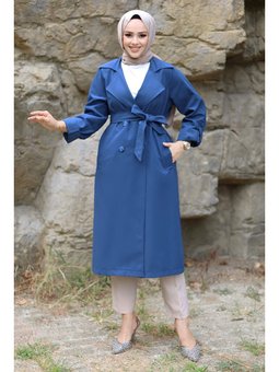 Katlama Kol Detaylı Mavi Trençkot