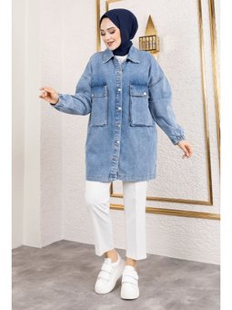 Körüklü Cepli Oversize Kot Açık Mavi Ceket