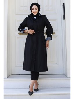 Önden Çıtçıtlı Astarı Çizgili Siyah Trençkot