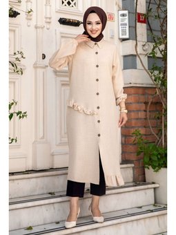 Yanı Fırfır Detaylı Düğmeli Keten Bej Tunik