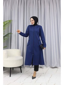 Biye Detaylı Fermuarlı Saks Mavisi Kap