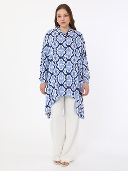 Büyük Beden Mavi Tunik Beyaz