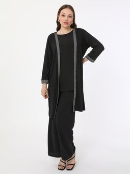 Simli Kumaş Detaylı Büyük Beden Örme Siyah Hırka