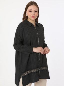 Siyah Fermuarlı Eteği Güpür Detaylı Büyük Beden Ferace