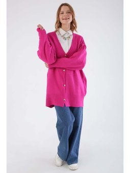 V Yaka Kalpli Düğmeli Triko Hırka Fuşya