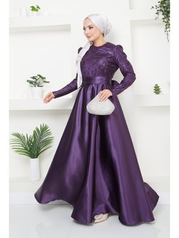 Giyim Moda Pul Kordoneli Saten Abiye Elbise Mor