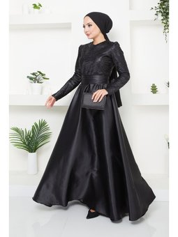Giyim Moda Pul Kordoneli Saten Abiye Elbise Siyah
