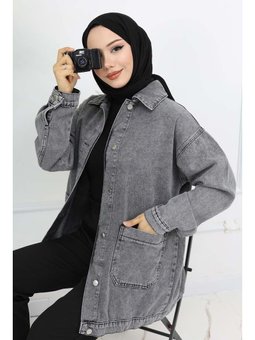 Cep Detaylı Kot Gri Ceket