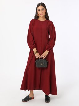 Keten Karışımlı Dikiş Detaylı Bordo Elbise