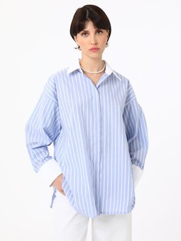 Renk Bloklu Çizgili Beyaz Gömlek Mavi