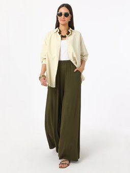 Viskon Kumaştan Beli Lastikli Haki Pantolon