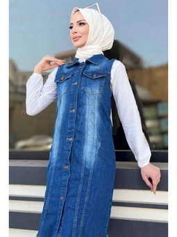 Nesa Püsküllü Kot Mavi Yelek