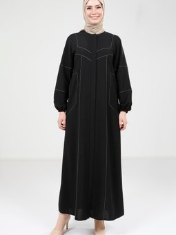 Çizgi Detaylı Cepli Siyah Ferace 9324