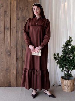 Yakası Fırfır Detay Acı Kahve Elbise