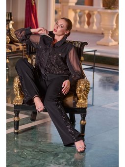 Büyük Beden Çift Cepli İşlemeli Ve Kollar Şifon Siyah Ceket