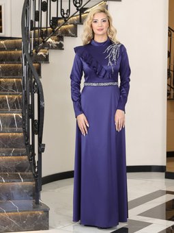 Ada Saten Lacivert Abiye Elbise