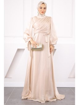 Bej Balon Kol Önü Drapeli Şifon Abiye