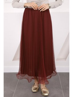 Bordo Piliseli Bel Lastikli Etek