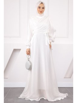 Ekru Balon Kol Önü Drapeli Şifon Abiye