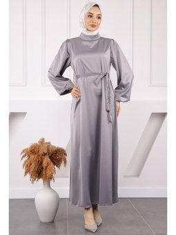 Gri Hakim Yaka Balon Kol Saten Abiye Elbise