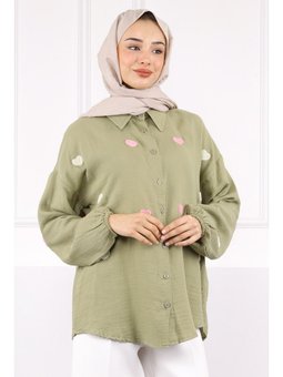 Haki Kalp Nakışlı Keten Gömlek