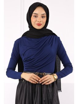 Lacivert Balıkçı Yaka Drapeli Sandy Bluz