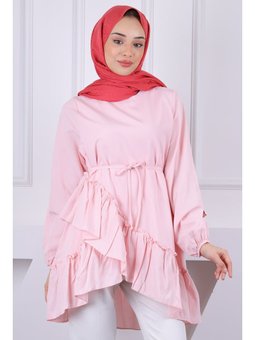 Pudra Eteği Katlı Fırfırlı Tunik