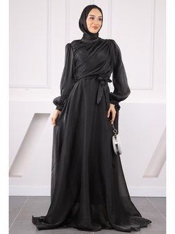 Siyah Balon Kol Önü Drapeli Şifon Abiye
