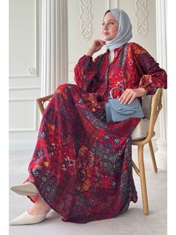 Bohem Etnik Desen Kırmızı Viskon Elbise